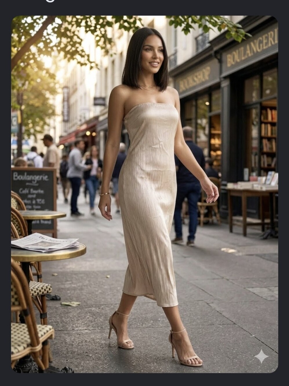 Camila Coelho Sand Crinkled Strapless Liquid Satin Midi Dress in Champagne - XS